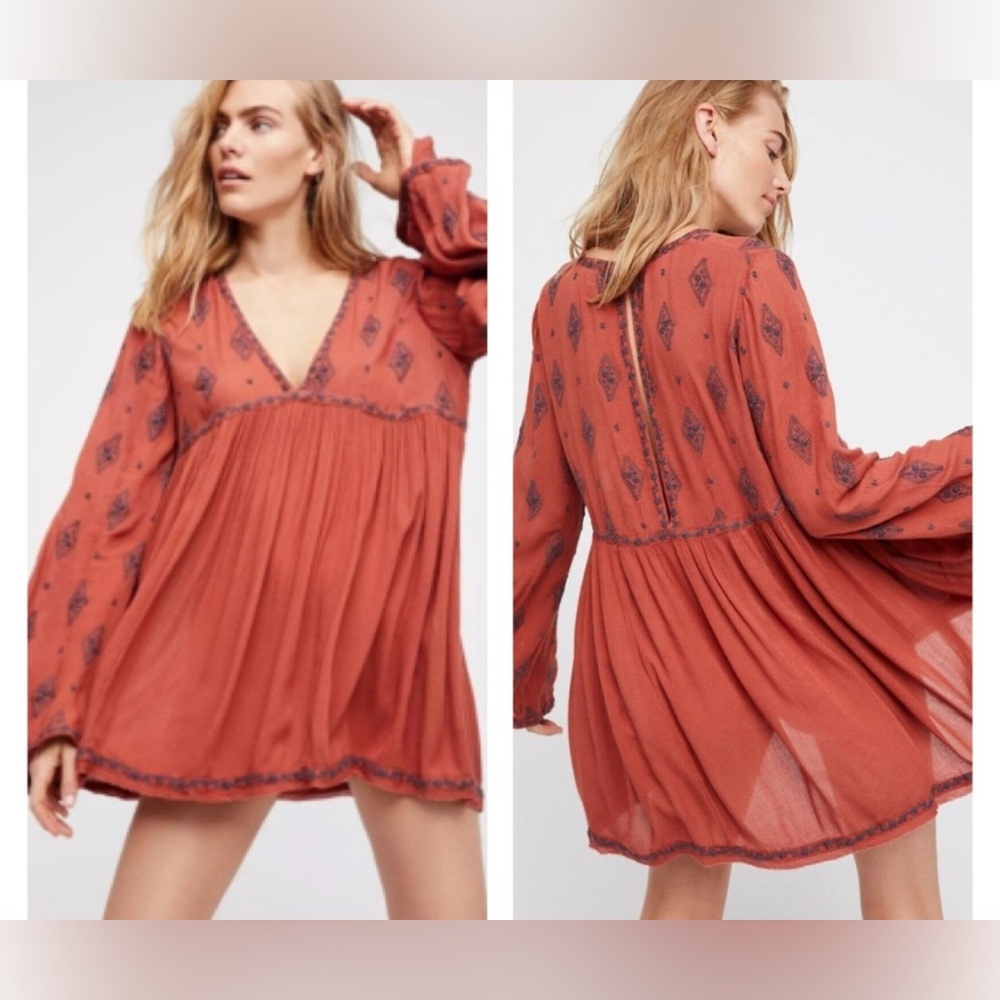 Free People Diamond Embroidered Tunic/Mini Dress- Cinnamon— Small- Oversized